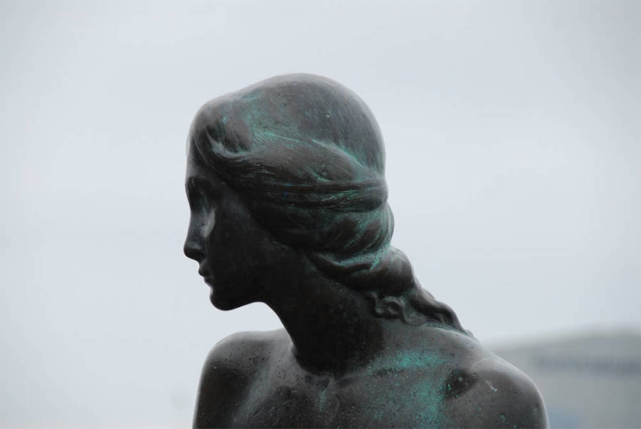 little mermaid in copenhagen statue gazing onto the sea