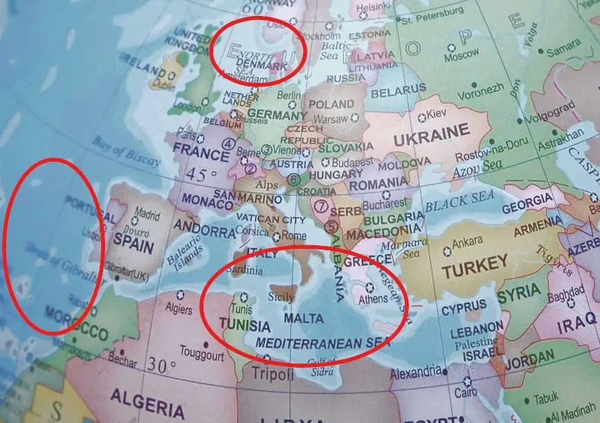 a map of places to the question where does ariel live showing three possible areas: Denmark, the Atlantic and the Mediterranean