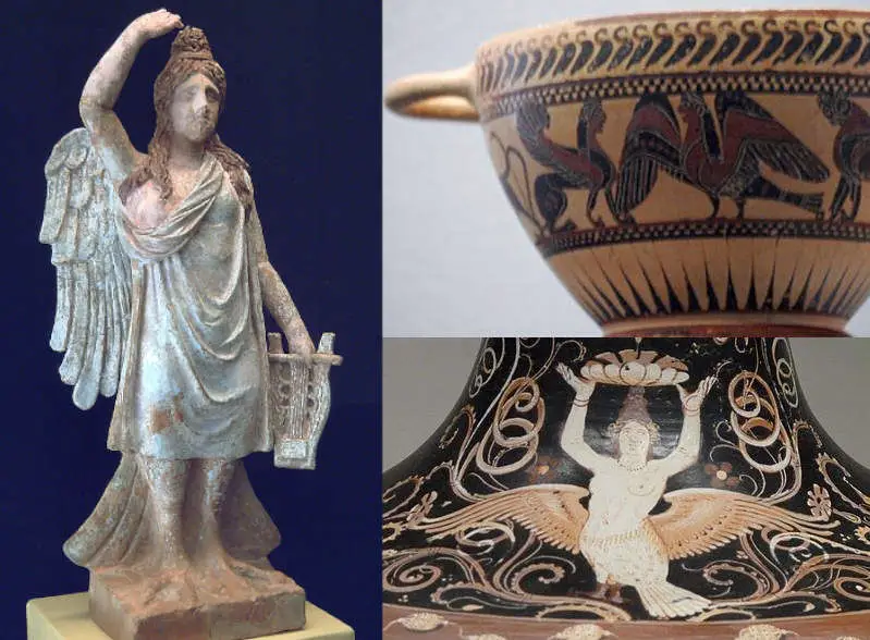 female sirens in greek art like statues and on vases